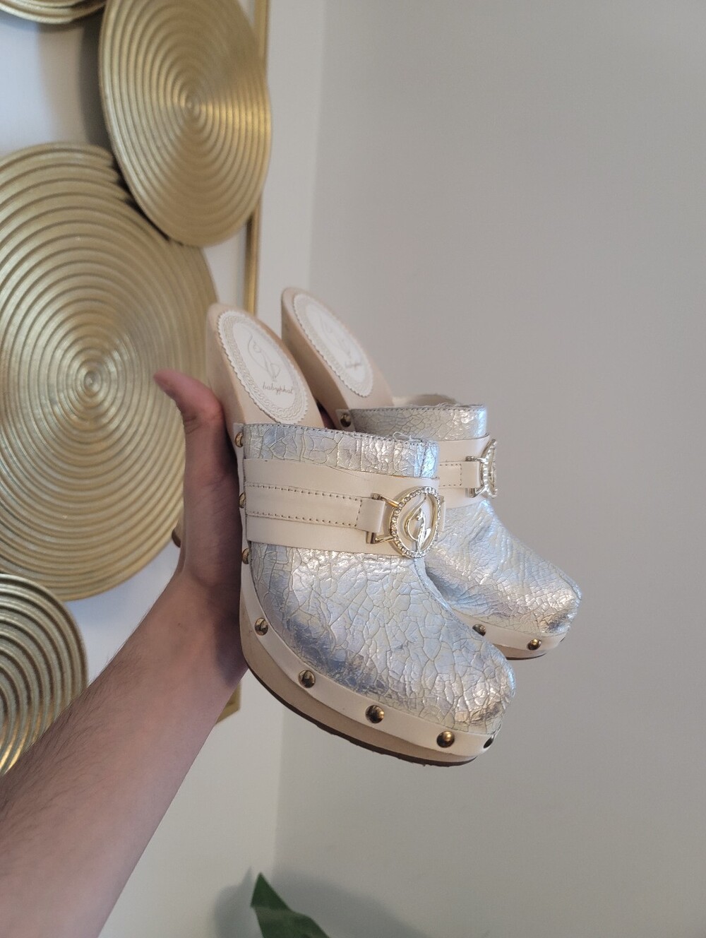 Baby Phat Women's Metallic Silver Leather Clog Mules - Designer-Inspired